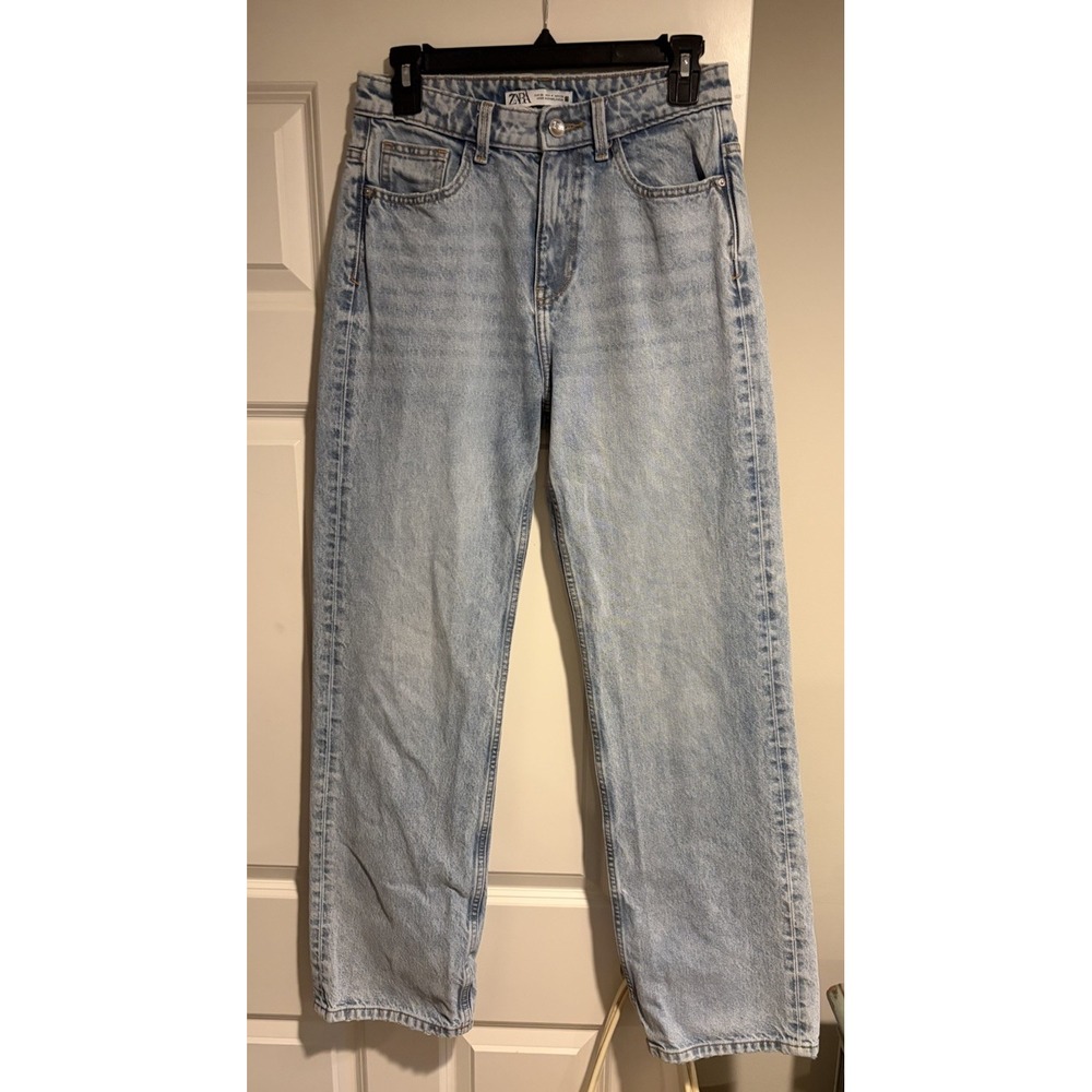 Zara Z1975 High Rise Regular Straight Leg Jeans Button Sz 4 Mid Blue Med Indigo